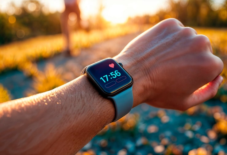 Indian man wearing a waterproof sports watch during a monsoon rain bike ride.