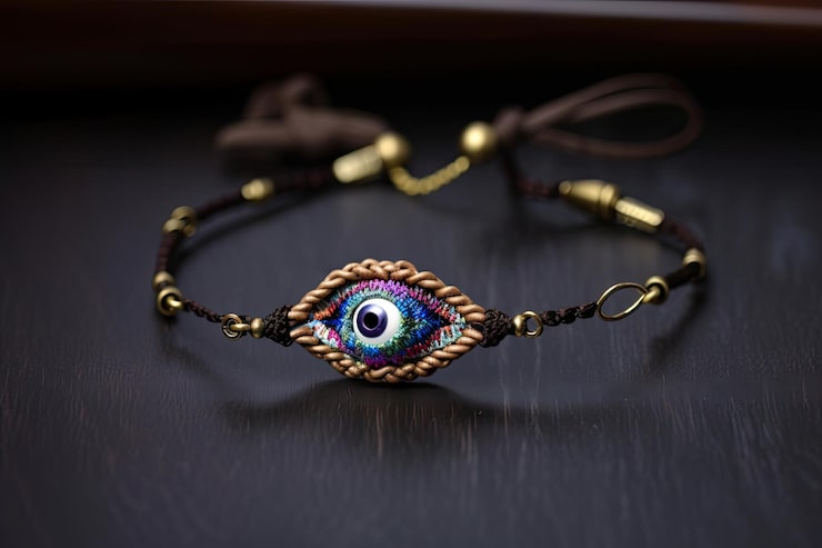 Handmade evil eye bangle crafted by Jaipur artisans featuring intricate silver work and blue nazar bead.