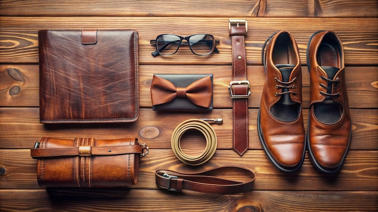 Essential accessories for men over 40 including a metal watch, leather belt, and sunglasses.