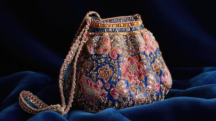 Affordable crossbody potli bags for women price display in a local Indian market