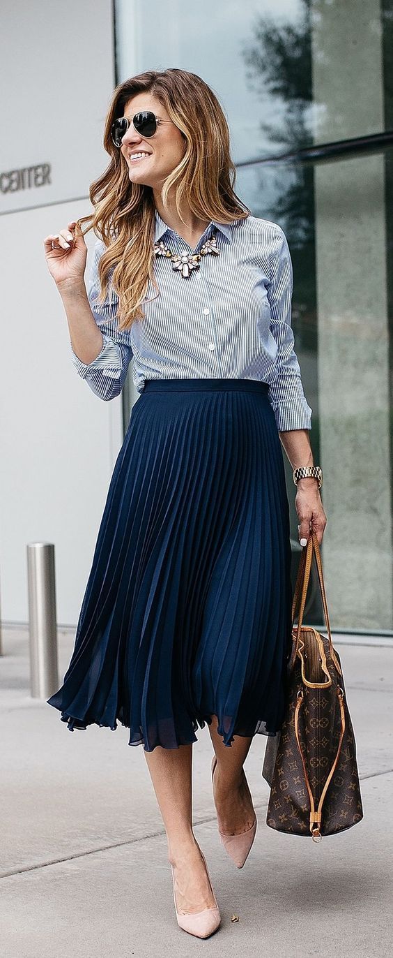 business casual outfit idea, pleated skirt outfit for work, how to wear a  midi… | Fashion, Work outfits women, Summer work outfits